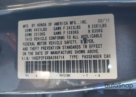 2011 Honda Accord 2.4 Ex-L from USA, damaged, VIN 1HGCP2F8XBA098714